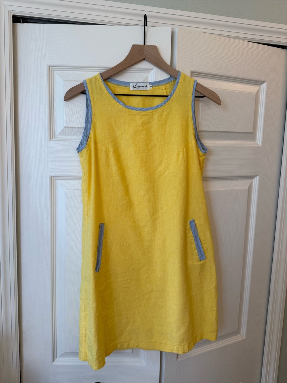 iLinen 100% Linen Yellow Shift Dress w/ Blue Trim & Pockets Sz S